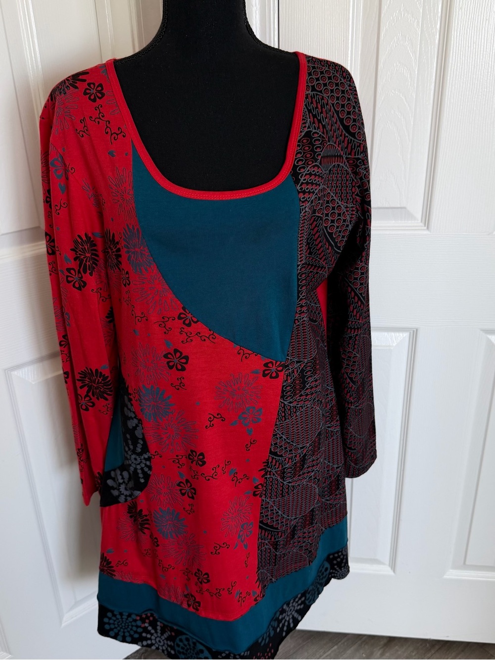 Artisan Handmade Red & Teal Floral Layered Lunieva Boho Dress Size Large